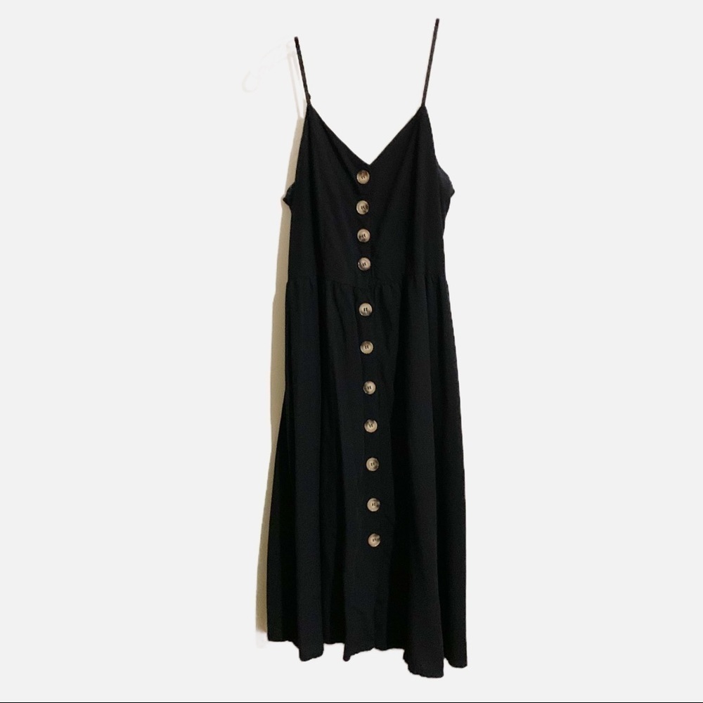 Smocked Black Button Down V-Neck Lined Side Slit Pockets Maxi Sundress.